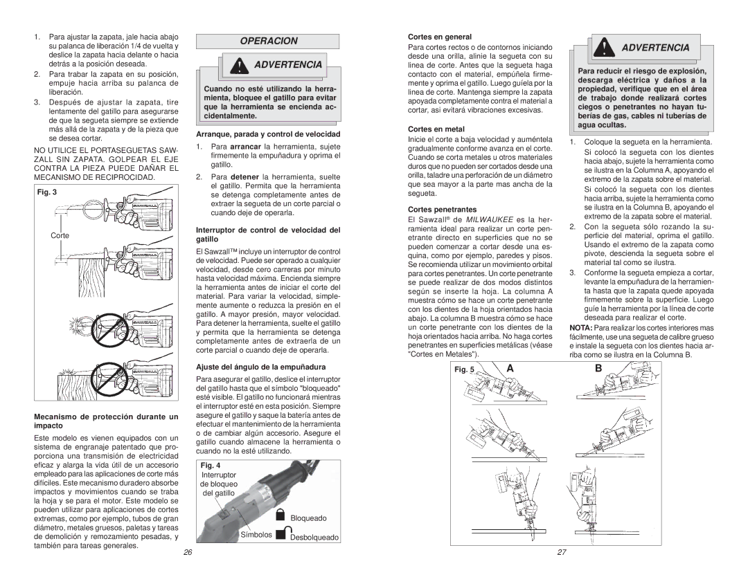 Milwaukee 18 Volt Sawzall manual Operacion Advertencia 