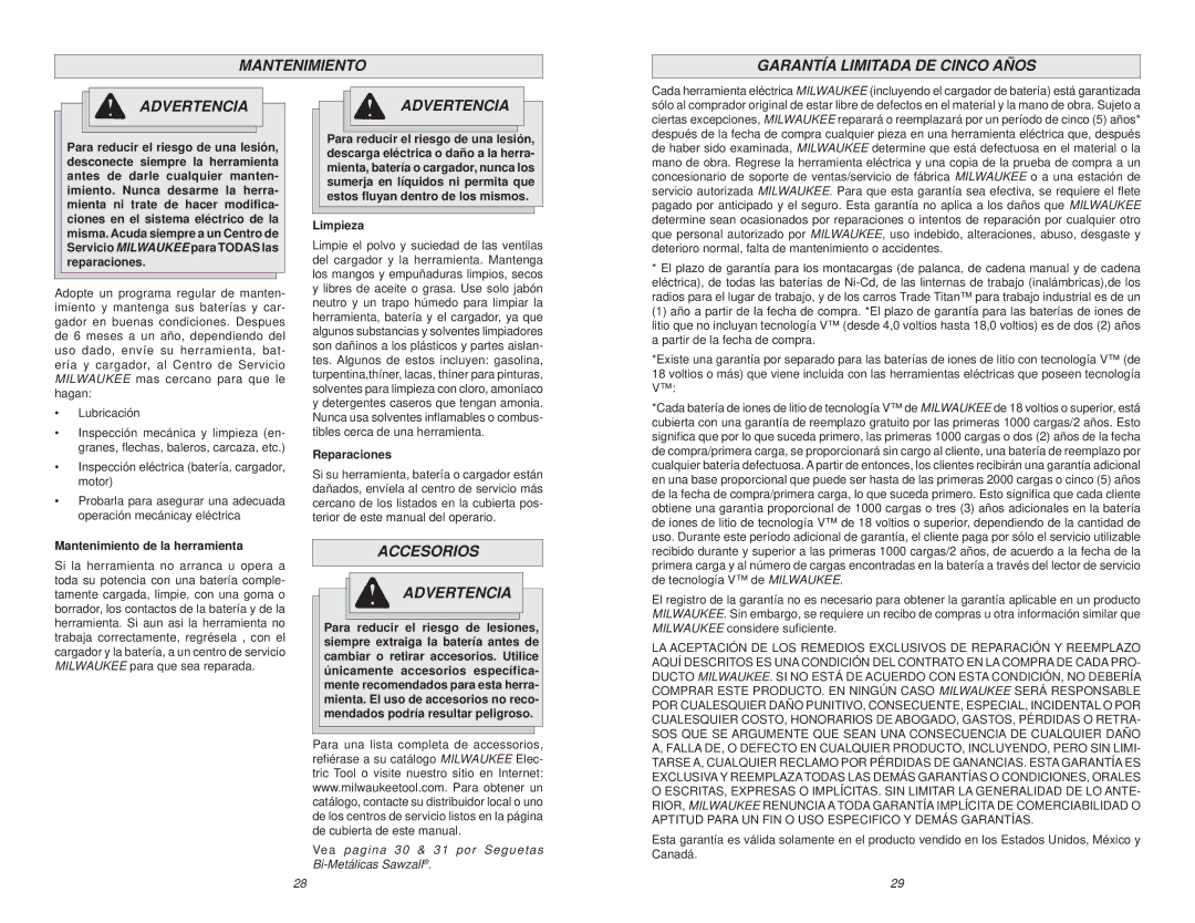 Milwaukee 18 Volt Sawzall Mantenimiento Garantía Limitada DE Cinco Años Advertencia, Accesorios Advertencia, Limpieza 