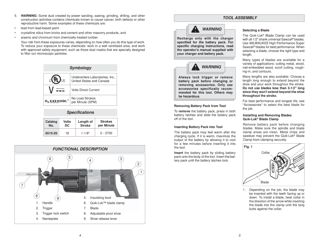 Milwaukee 18 Volt Sawzall manual Tool Assembly, Symbology, Speciﬁcations, Functional Description 