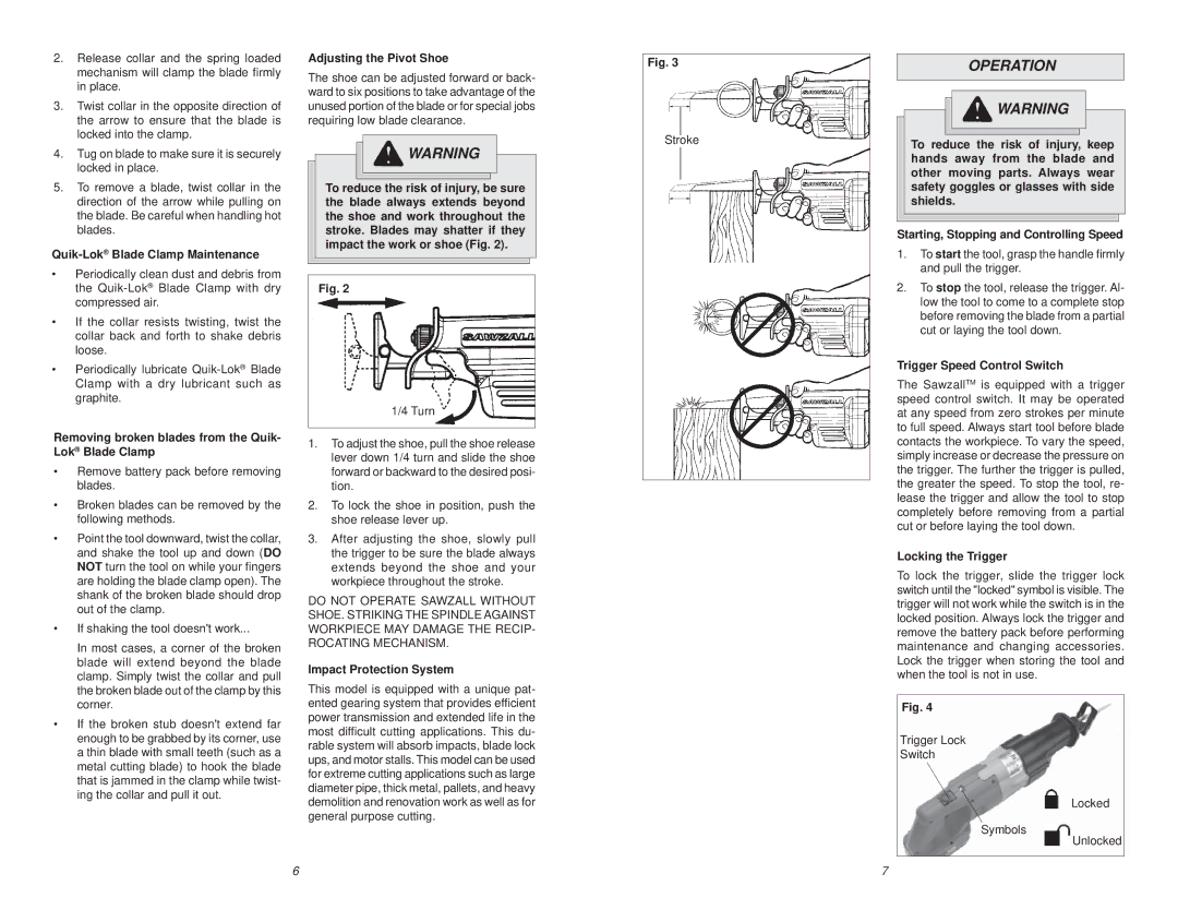 Milwaukee 18 Volt Sawzall manual Operation 