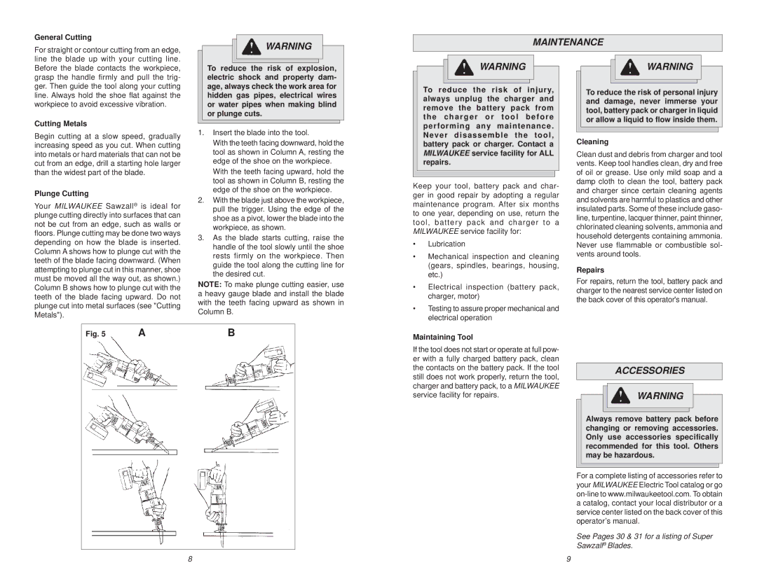 Milwaukee 18 Volt Sawzall manual Maintenance, Accessories 