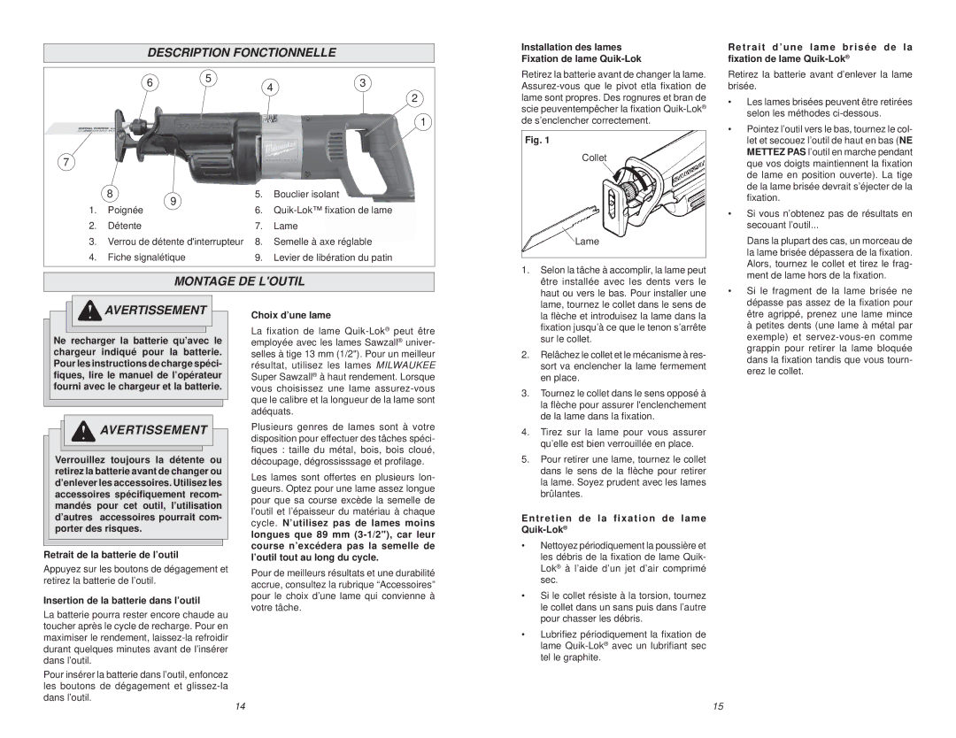 Milwaukee 18 Volt Sawzall manual Description Fonctionnelle, Montage DE Loutil 