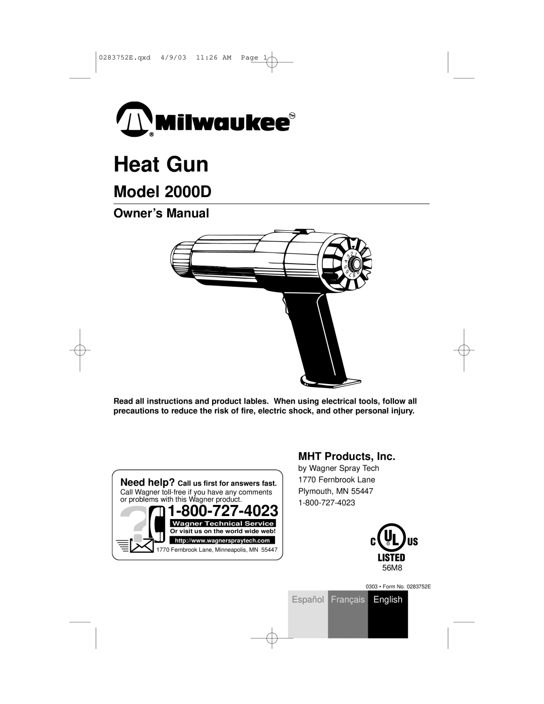 Milwaukee 2000D owner manual Heat Gun, MHT Products, Inc 