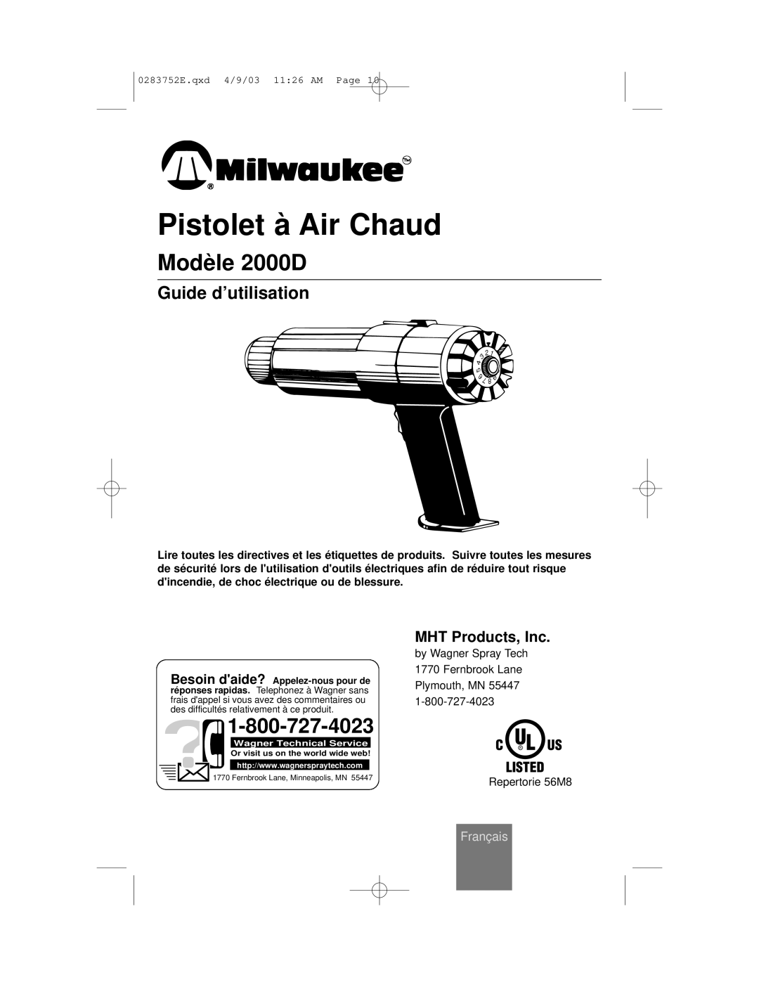 Milwaukee 2000D owner manual Pistolet à Air Chaud 