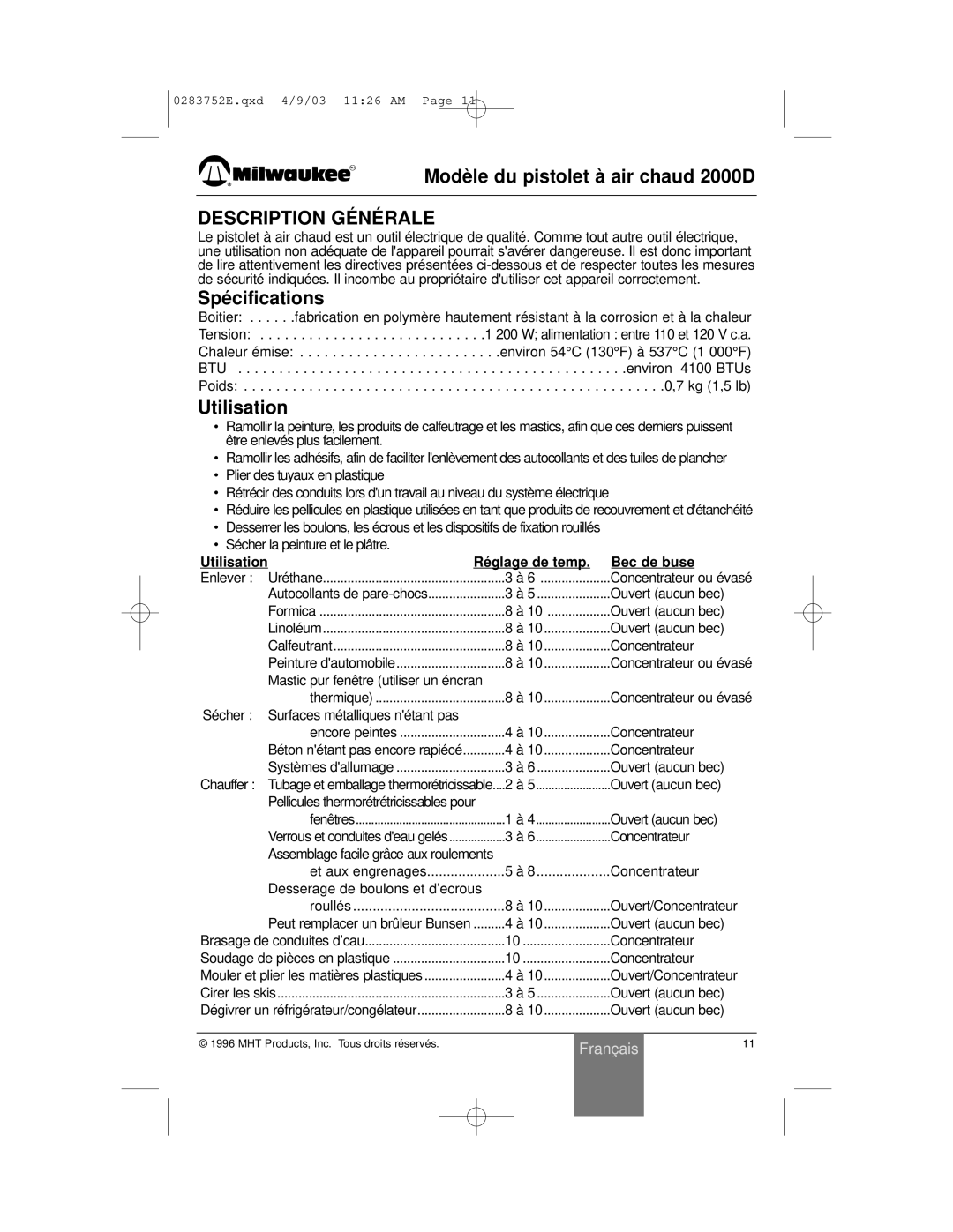 Milwaukee owner manual Modè le du pistolet à air chaud 2000D, Description GÉ NÉ Rale, Spé cifications, Utilisation 