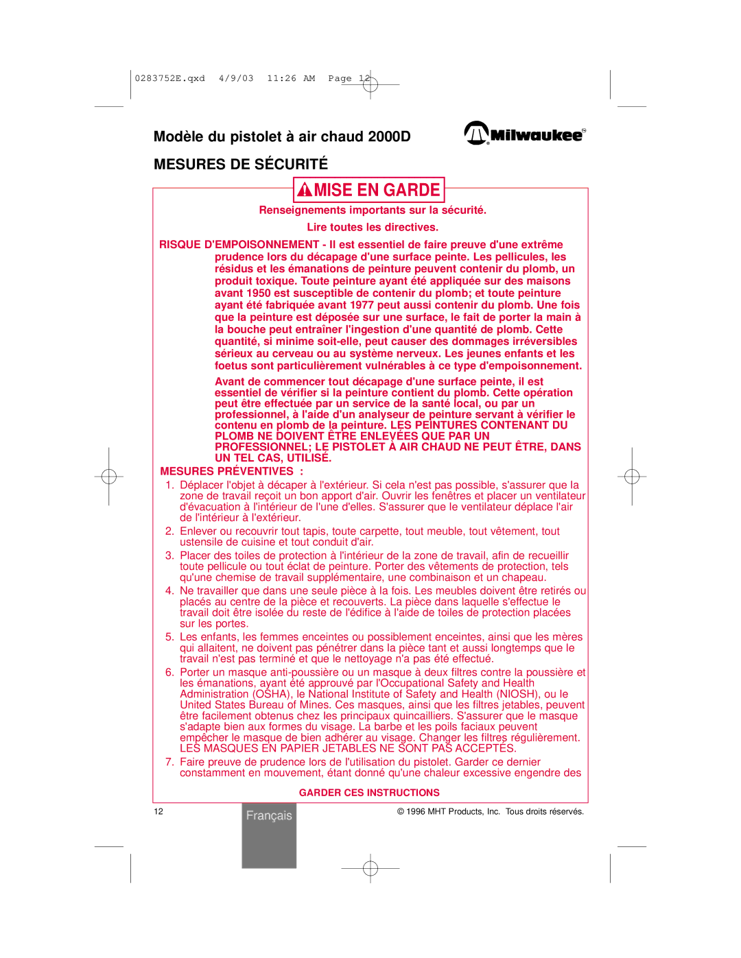 Milwaukee 2000D owner manual Mise EN Garde, Mesures DE SÉ Curité 