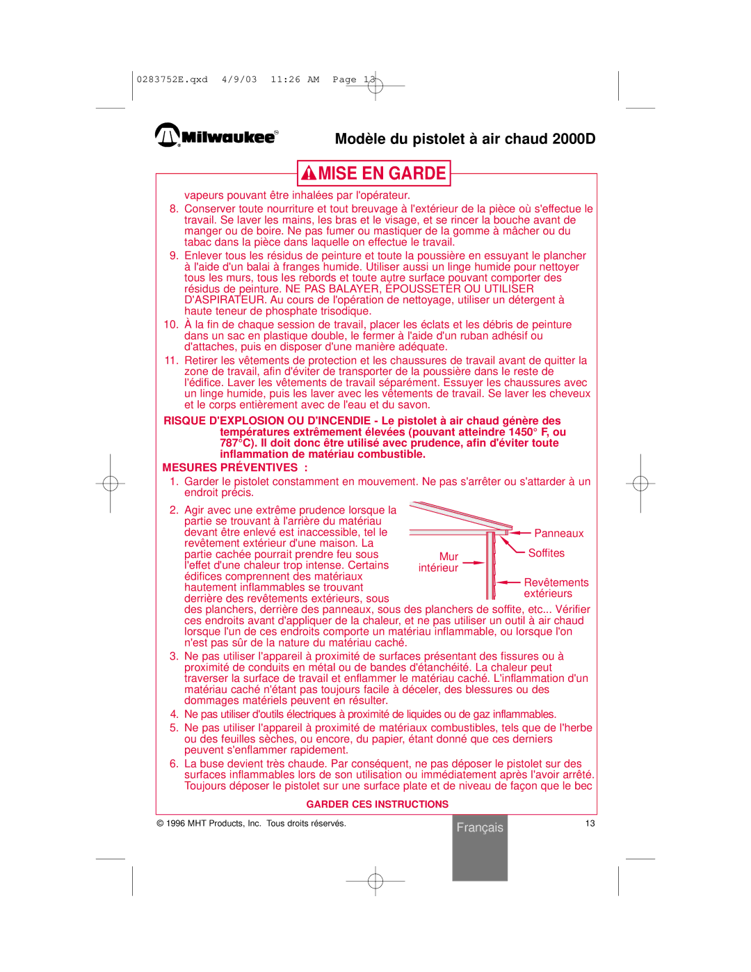 Milwaukee 2000D owner manual Mise EN Garde 