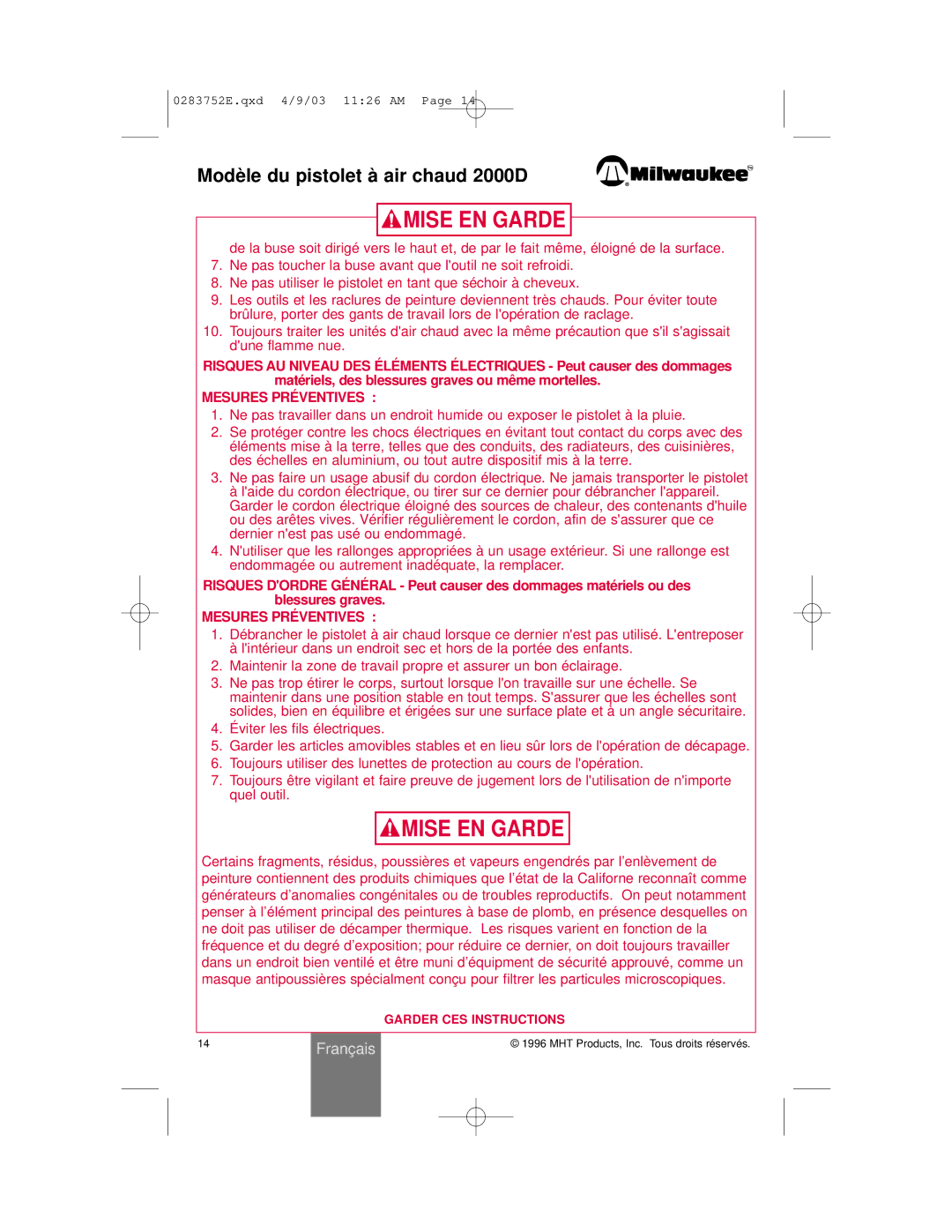 Milwaukee 2000D owner manual Mise EN Garde 