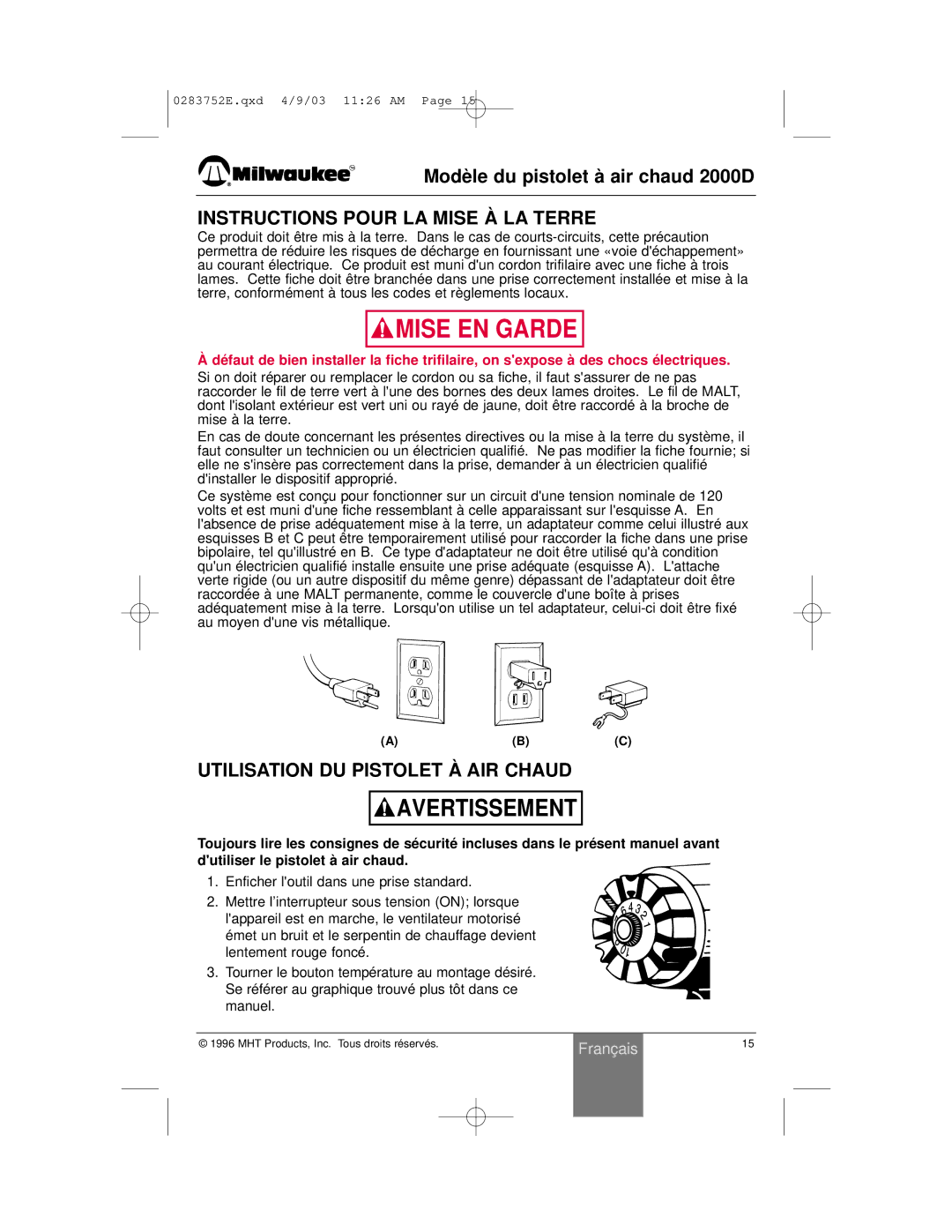 Milwaukee 2000D owner manual Instructions Pour LA Mise À LA Terre, Utilisation DU Pistolet À AIR Chaud 