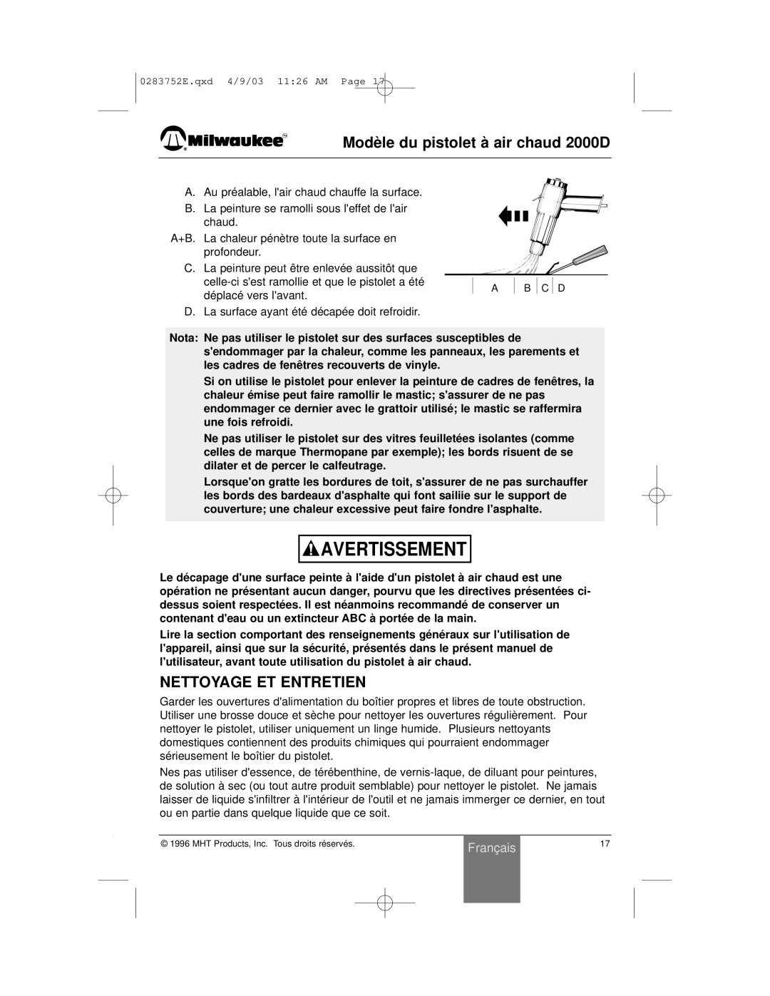 Milwaukee 2000D owner manual Nettoyage ET Entretien 