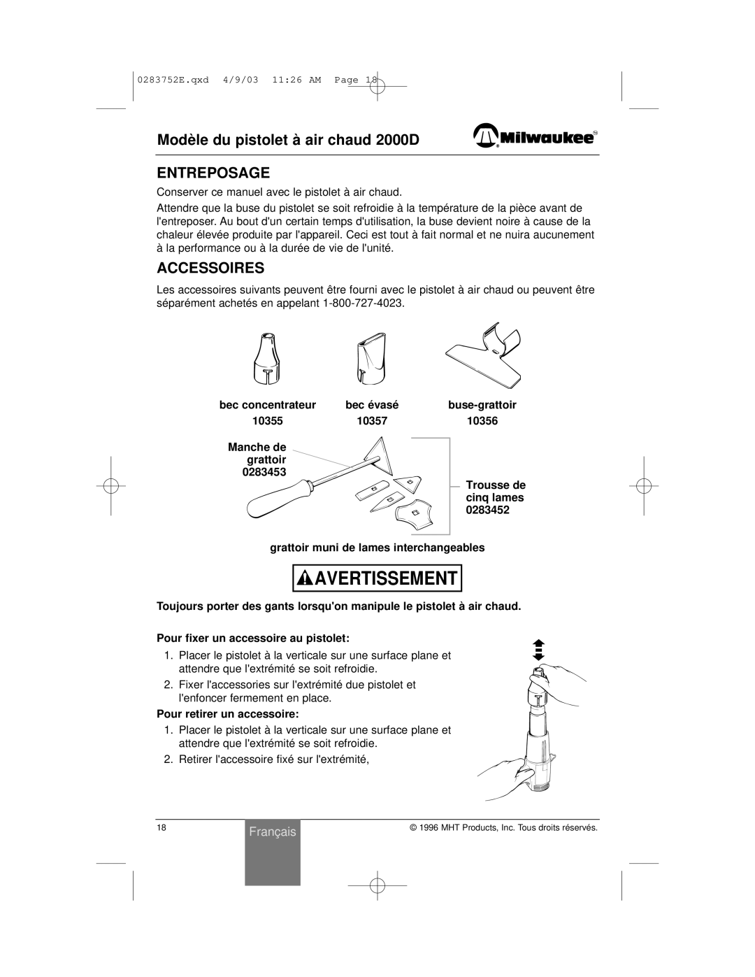 Milwaukee 2000D owner manual Entreposage, Accessoires, Bec concentrateur, Buse-grattoir, Pour retirer un accessoire 