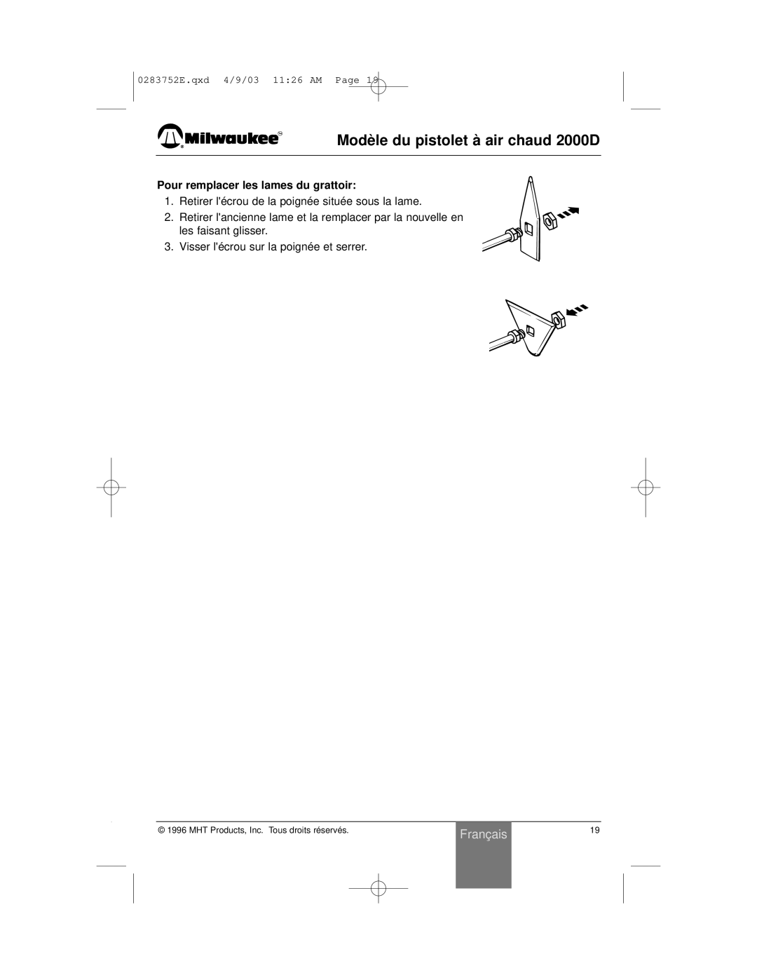 Milwaukee 2000D owner manual Pour remplacer les lames du grattoir 