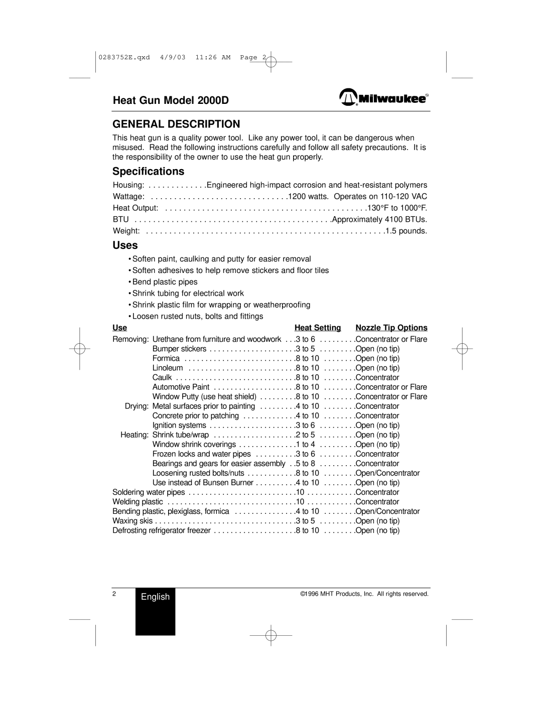 Milwaukee Heat Gun Model 2000D, General Description, Specifications, Uses, Use Heat Setting Nozzle Tip Options 