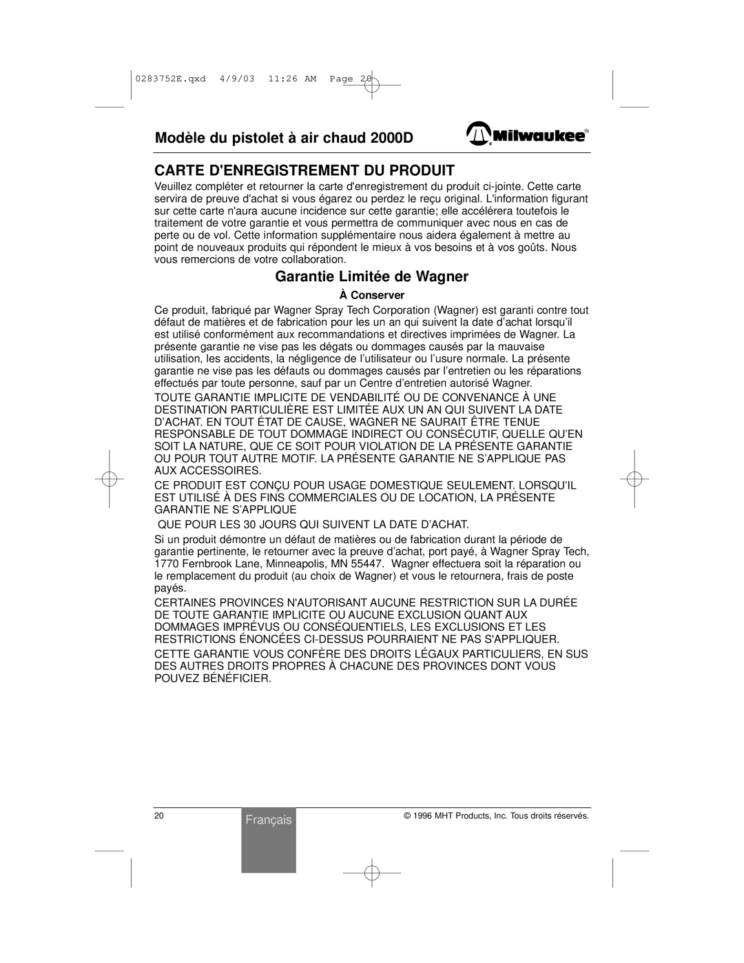 Milwaukee 2000D owner manual Carte Denregistrement DU Produit, Garantie Limité e de Wagner, Conserver 