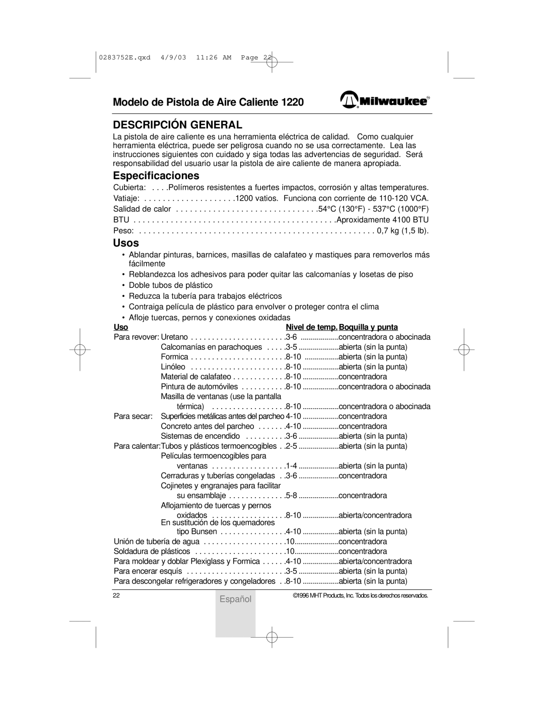 Milwaukee 2000D owner manual Modelo de Pistola de Aire Caliente, Descripció N General, Especificaciones, Usos 