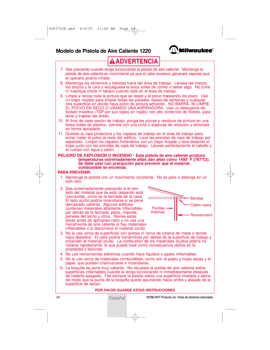 Milwaukee 2000D owner manual El lado oculto podría incendiarse si se pone 