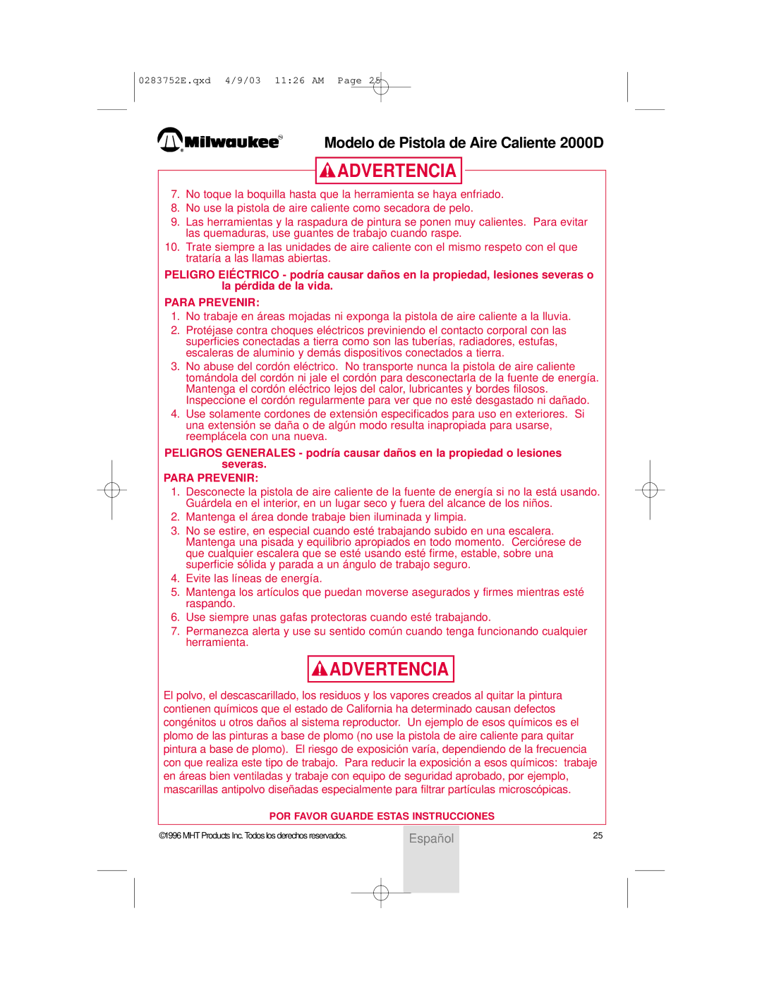 Milwaukee 2000D owner manual Advertencia 