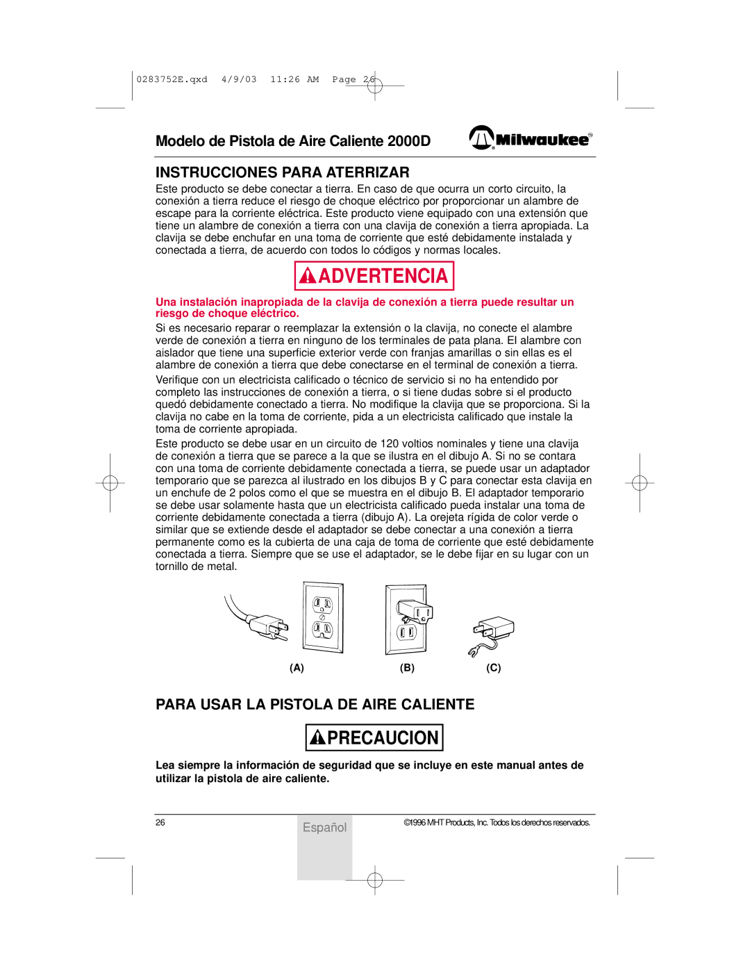 Milwaukee 2000D owner manual Instrucciones Para Aterrizar, Para Usar LA Pistola DE Aire Caliente 