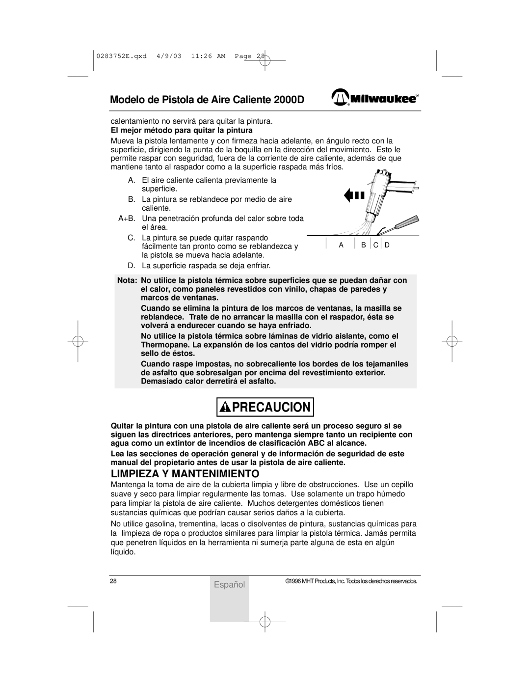 Milwaukee 2000D owner manual Limpieza Y Mantenimiento, El mejor mé todo para quitar la pintura 