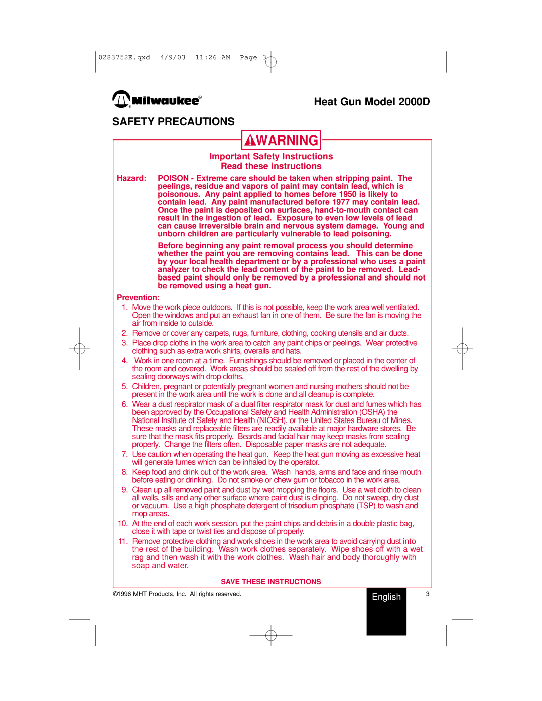 Milwaukee 2000D owner manual Safety Precautions, Important Safety Instructions Read these instructions 