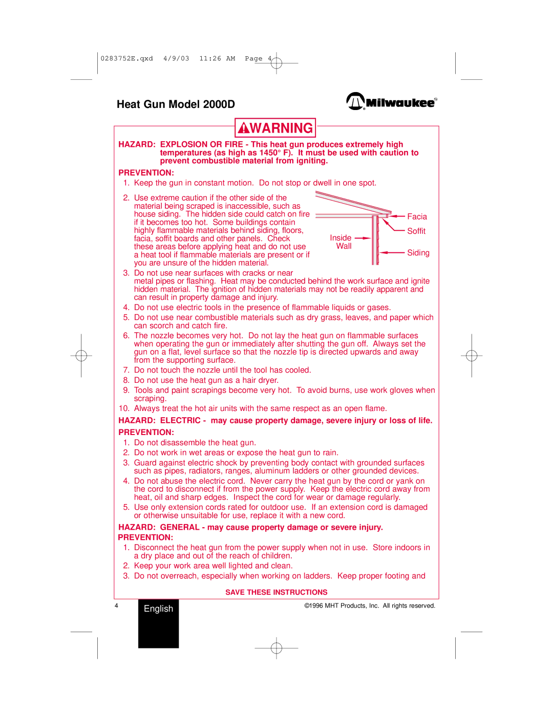 Milwaukee 2000D owner manual Prevention 