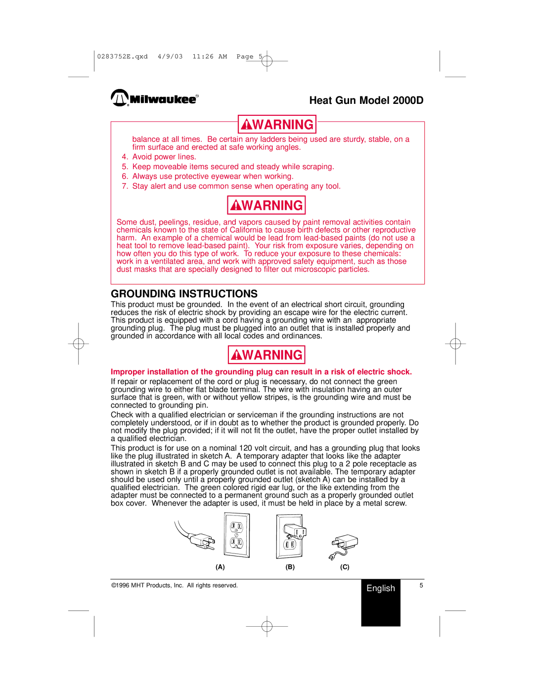 Milwaukee 2000D owner manual Grounding Instructions 