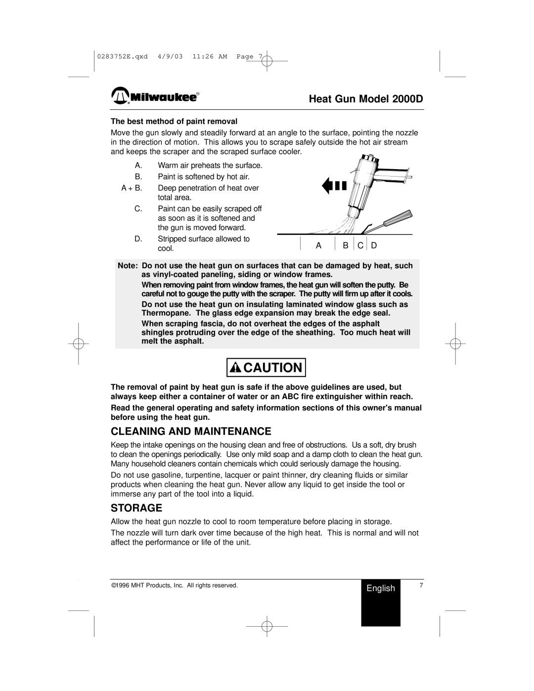 Milwaukee 2000D owner manual Cleaning and Maintenance, Storage, Best method of paint removal 