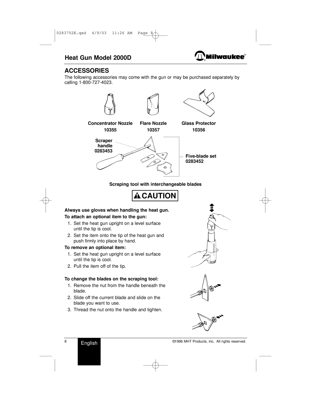 Milwaukee 2000D owner manual Accessories, Concentrator Nozzle Flare Nozzle 10355 10357, To remove an optional item 