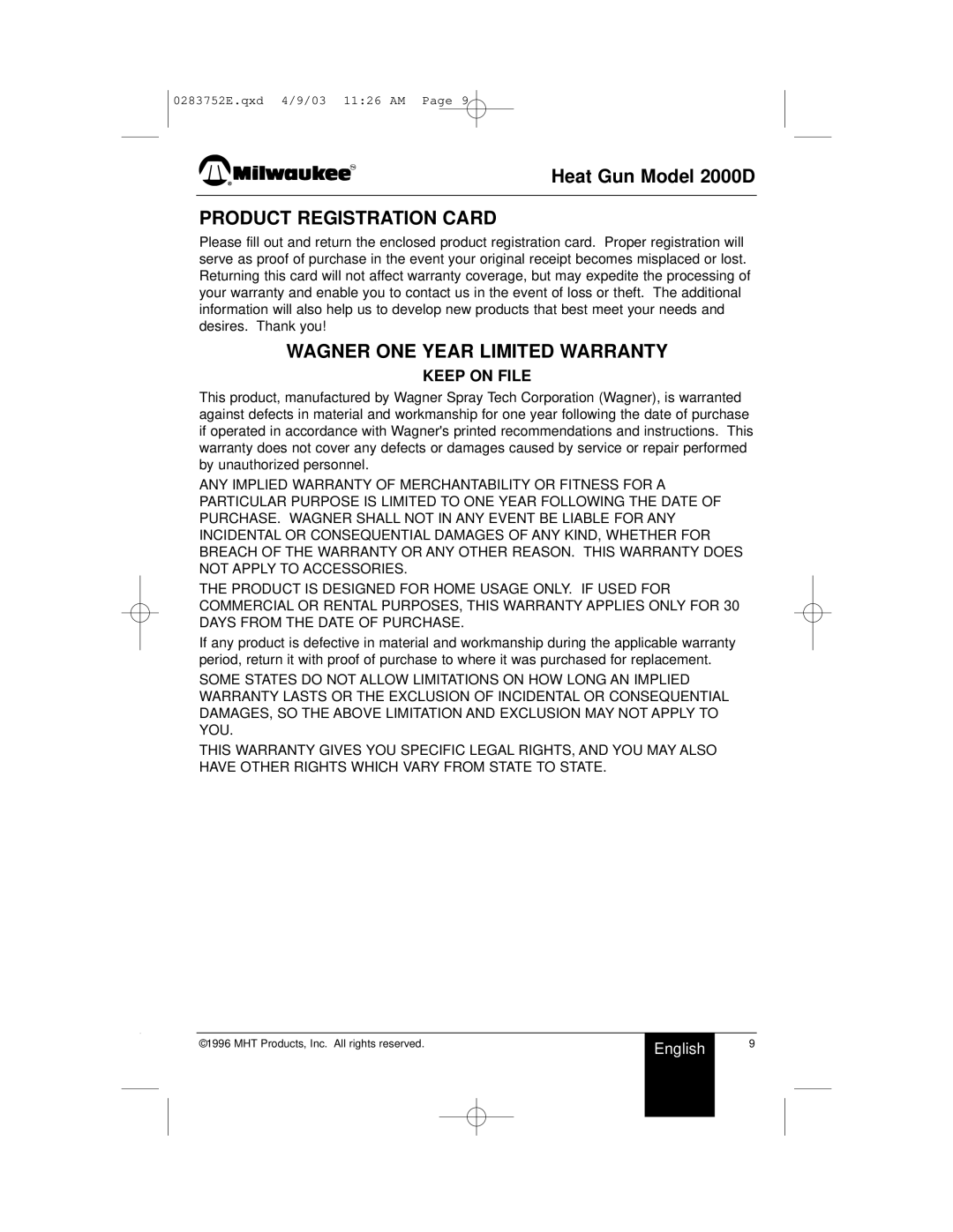 Milwaukee 2000D owner manual Product Registration Card, Wagner ONE Year Limited Warranty 