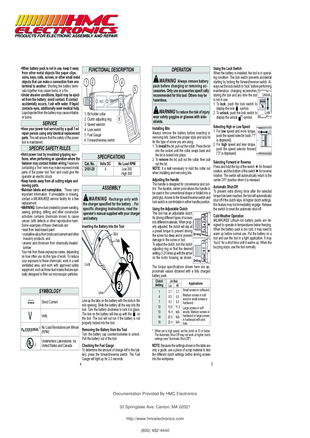 Milwaukee 2101-21 manual Service, Operation, Symbology, Specifications, Assembly 