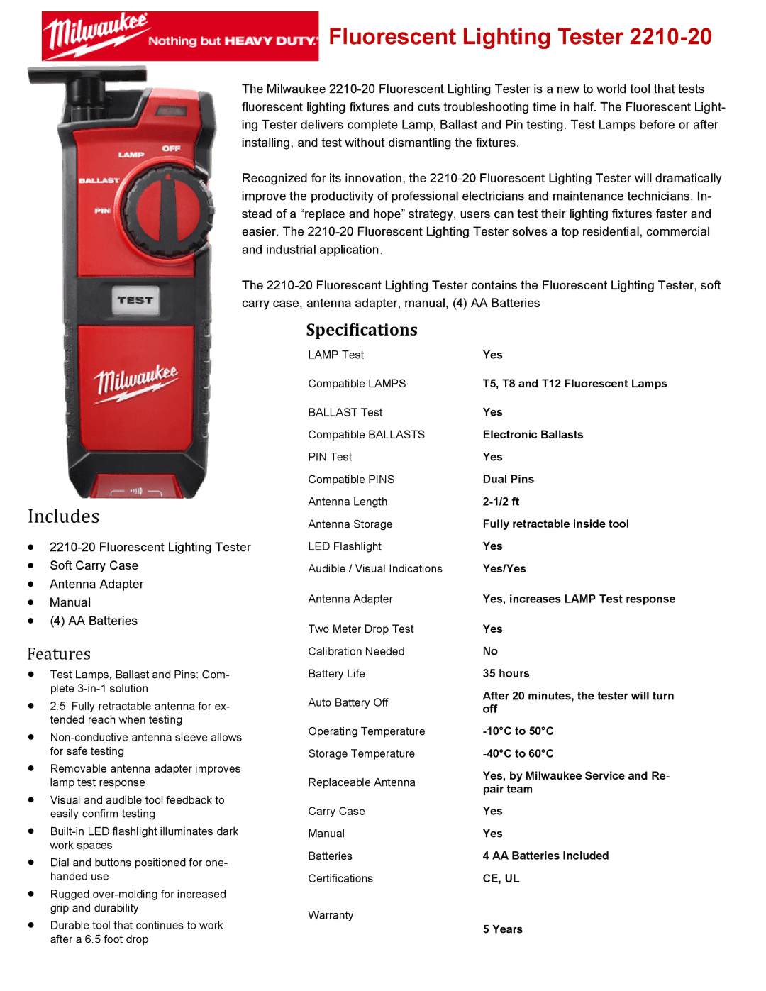 Milwaukee 2210-20 specifications Fluorescent Lighting Tester, Includes, Features 