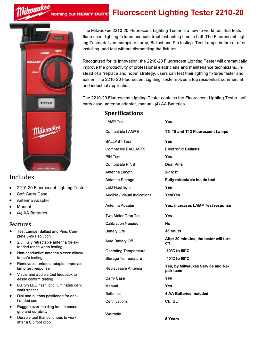 Milwaukee 2210-20 specifications Fluorescent Lighting Tester, Includes, Specifications, Features 