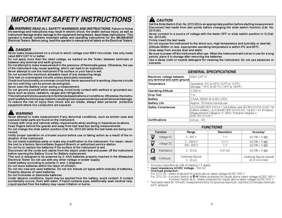 Milwaukee 2212-20 manual Important Safety Instructions, General Specifications, Functions 