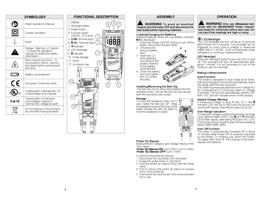 Milwaukee 2212-20 manual Symbology, Functional Description, Assembly, Operation 