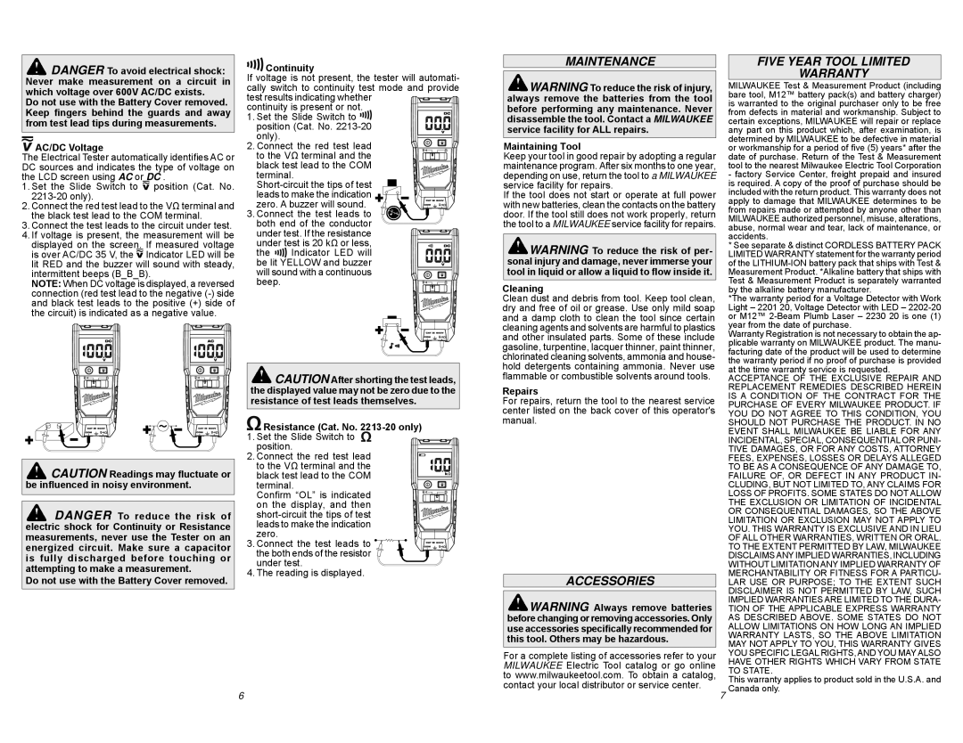 Milwaukee 2212-20 manual Maintenance, Accessories Five Year Tool Limited Warranty 