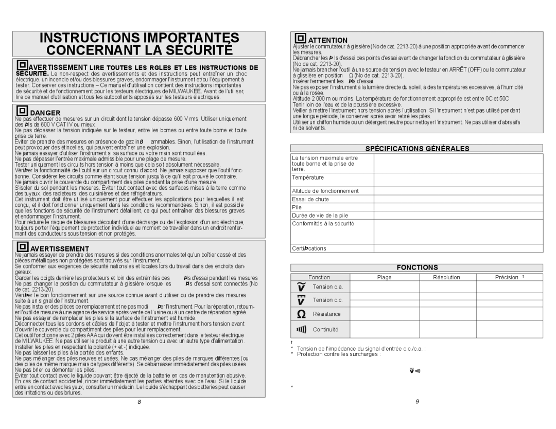 Milwaukee 2212-20 Instructions Importantes Concernant LA Sécurité, Avertissement, Spécifications Générales, Fonctions 