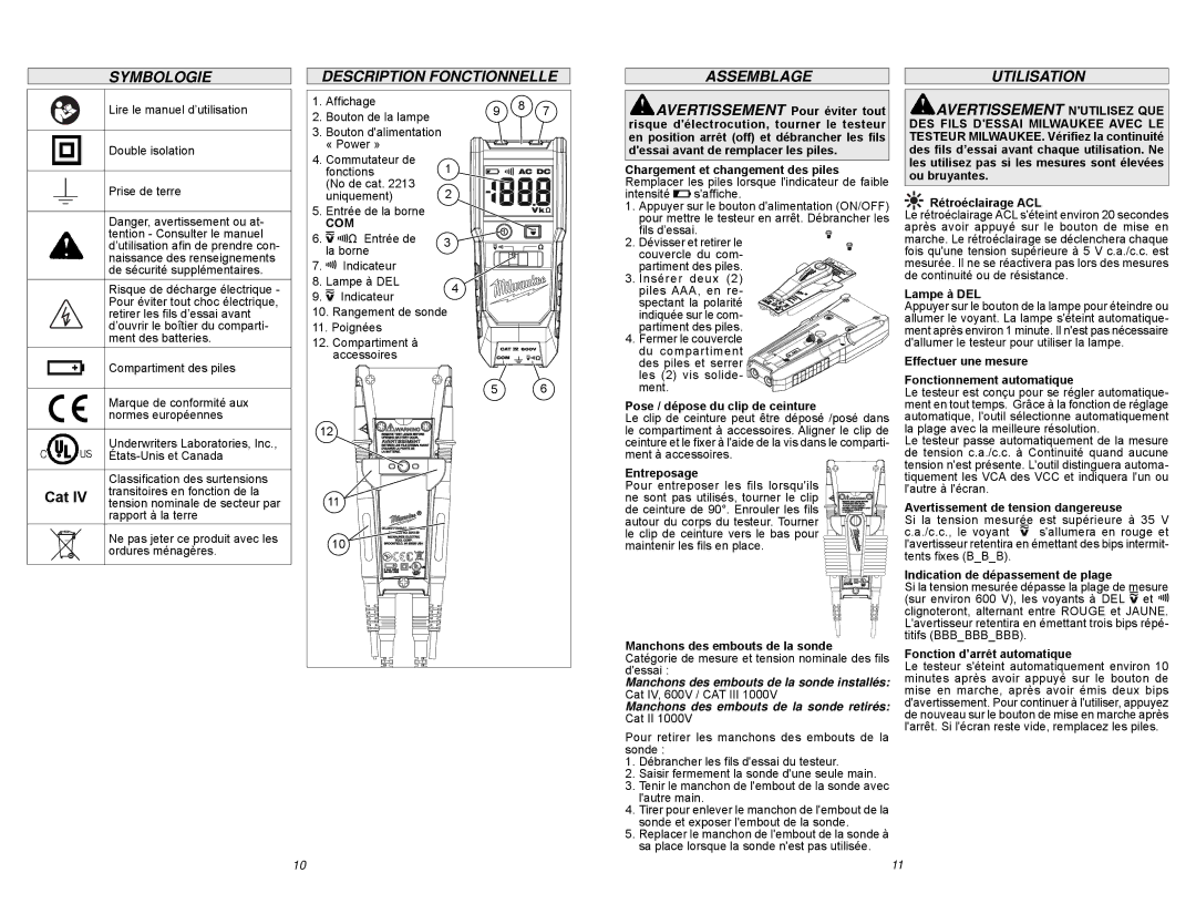 Milwaukee 2212-20 manual Symbologie, Description Fonctionnelle, Assemblage, Utilisation 