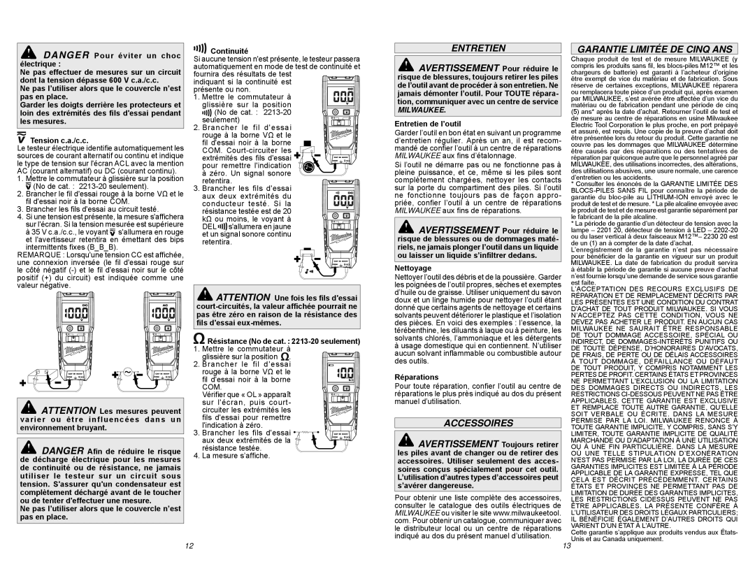 Milwaukee 2212-20 manual Entretien, Accessoires, Garantie Limitée DE Cinq ANS 