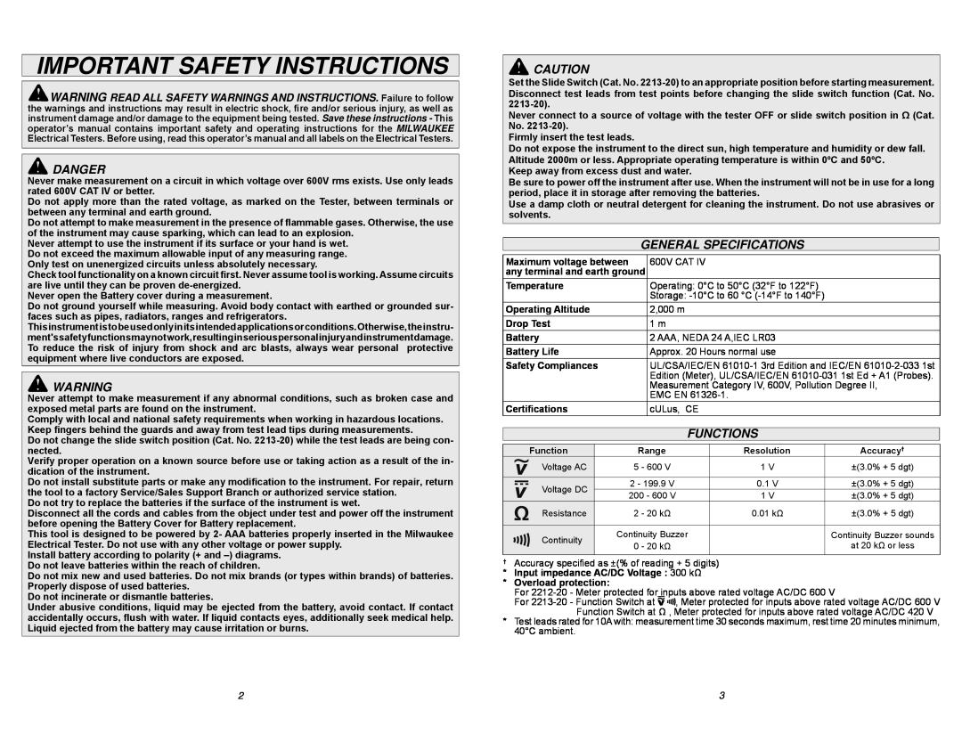 Milwaukee 2212-20 manual Important Safety Instructions, Danger, General Specifications, Functions 