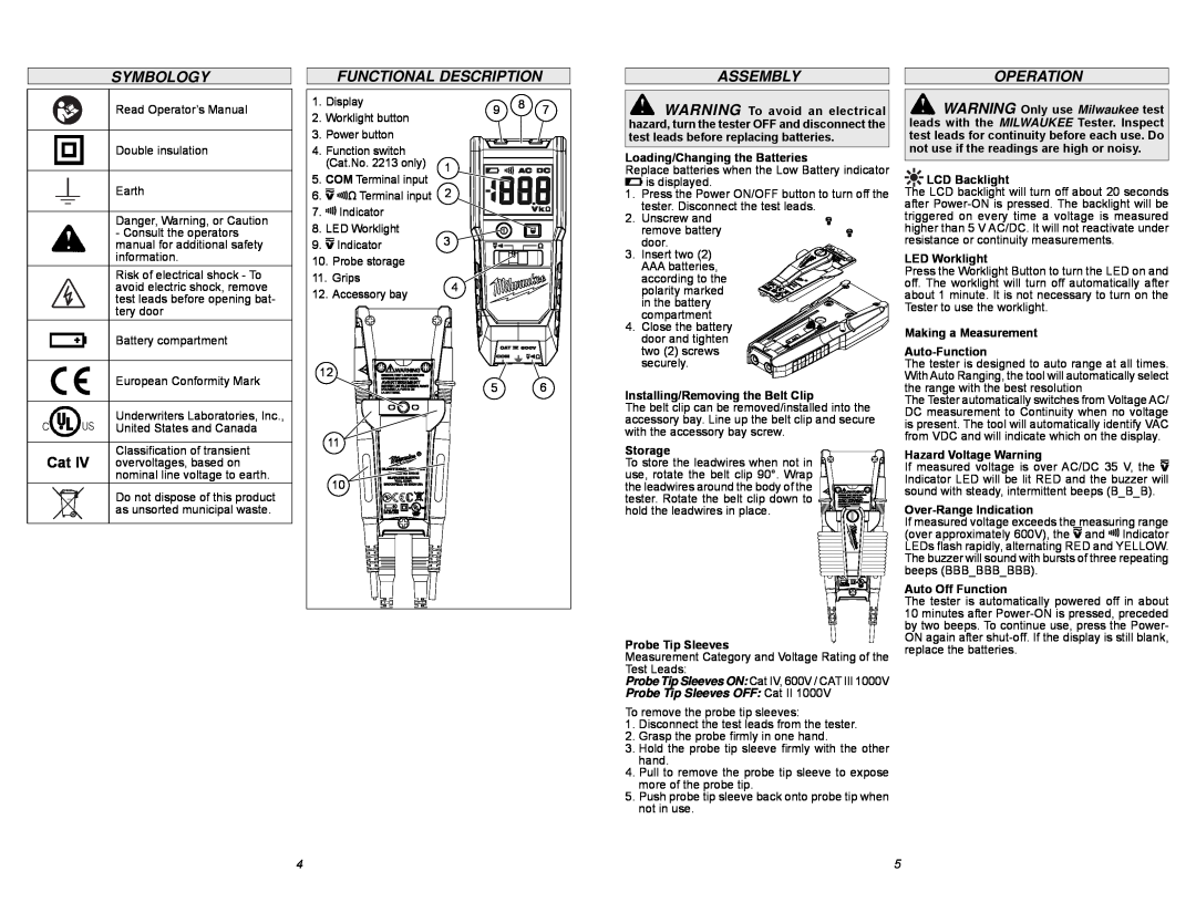 Milwaukee 2212-20 manual Symbology, Functional Description, Assembly, Operation 