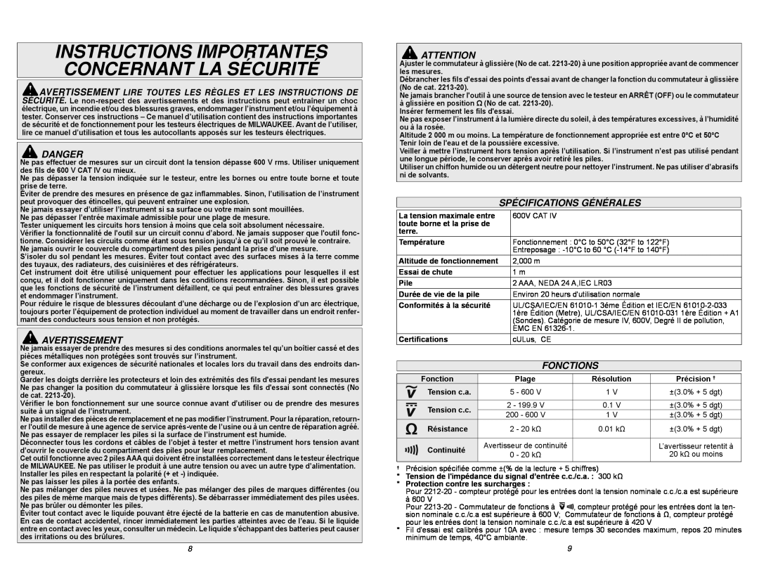 Milwaukee 2212-20 Instructions Importantes Concernant La Sécurité, Avertissement, Spécifications Générales, Fonctions 