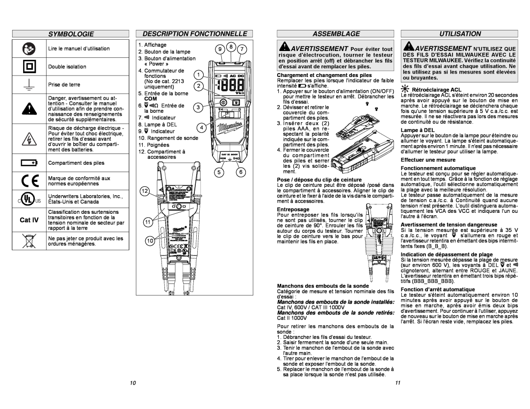 Milwaukee 2212-20 manual Symbologie, Description Fonctionnelle, Assemblage, Utilisation 