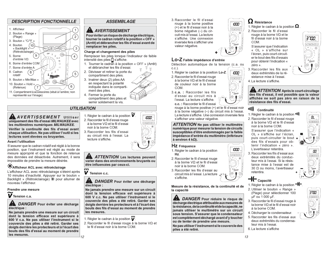 Milwaukee 2217-20 manual Description Fonctionnelle, Assemblage Avertissement, Utilisation 