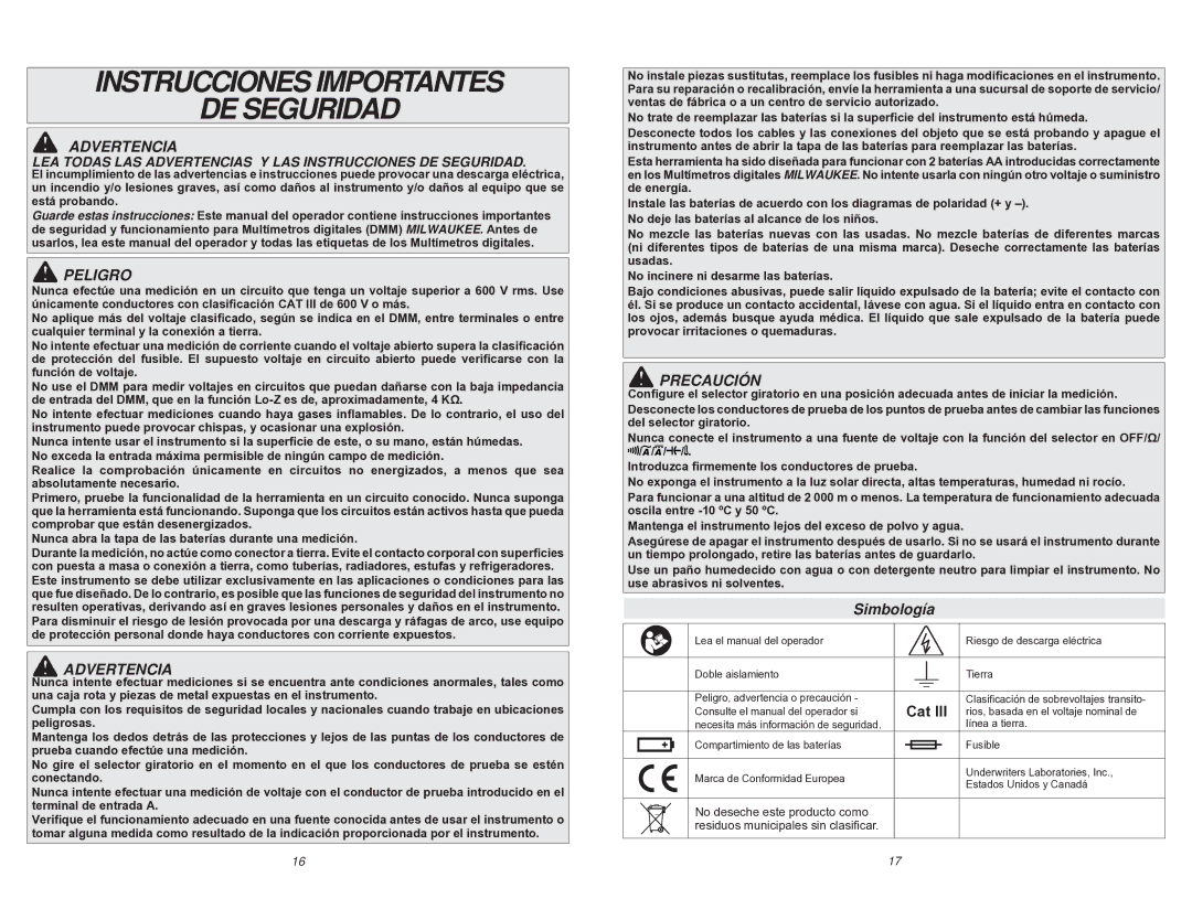 Milwaukee 2217-20 manual Instrucciones Importantes DE Seguridad, Advertencia, Peligro, Precaución, Simbología 