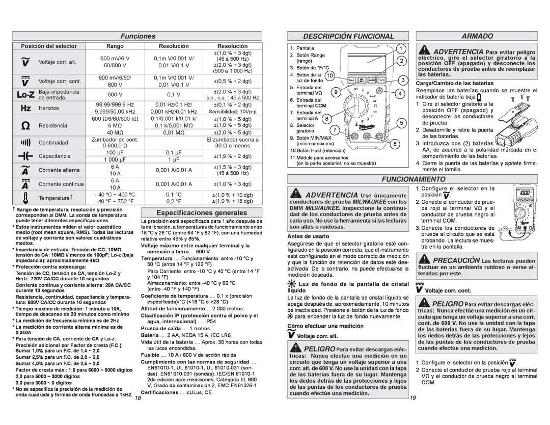 Milwaukee 2217-20 manual Funciones, Descripción Funcional, Armado, Funcionamiento, Especiﬁcaciones generales, Lo-Z 