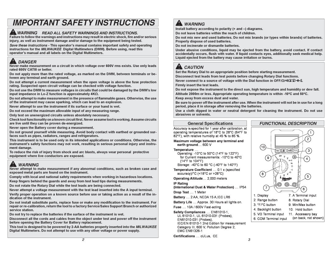 Milwaukee 2217-20 manual Important Safety Instructions, Danger, General Speciﬁcations, Functional Description 