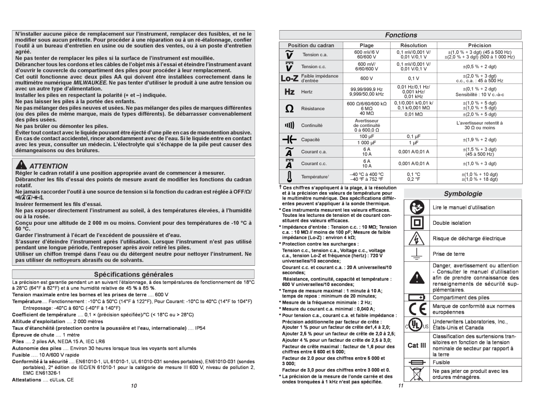 Milwaukee 2217-20 manual Spéciﬁcations générales, Fonctions, Symbologie 