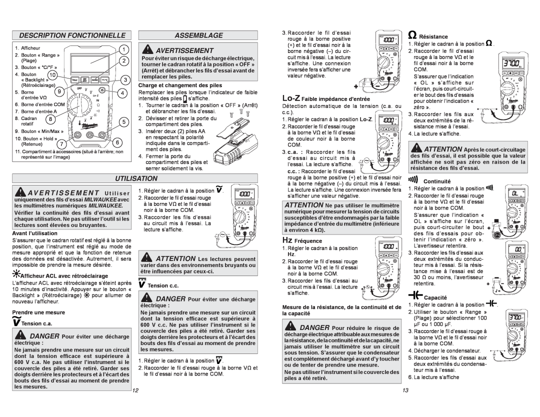 Milwaukee 2217-20 manual Description Fonctionnelle, Assemblage Avertissement, Utilisation 