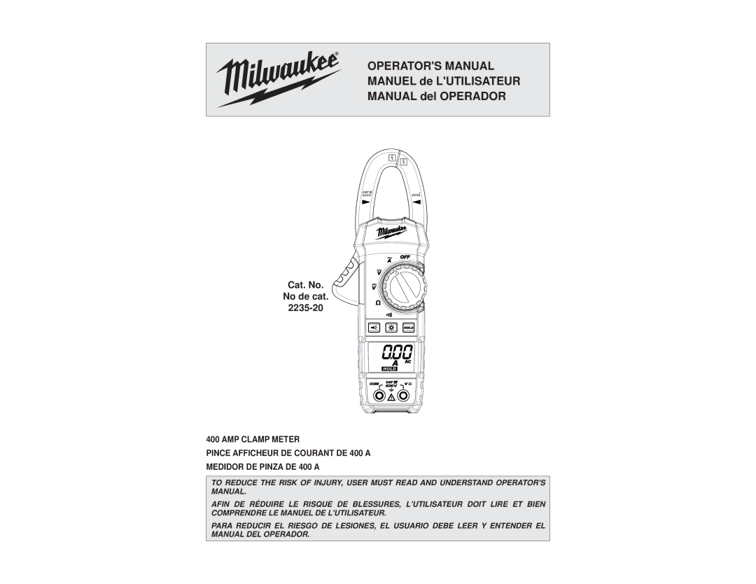 Milwaukee manual Operators Manual, Cat. No. No de cat 2235-20 