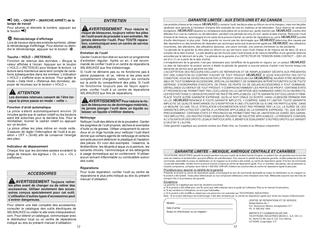 Milwaukee 2235-20 manual Accessoires, Entretien, Garantie Limitée AUX ÉTATS-UNIS ET AU Canada 